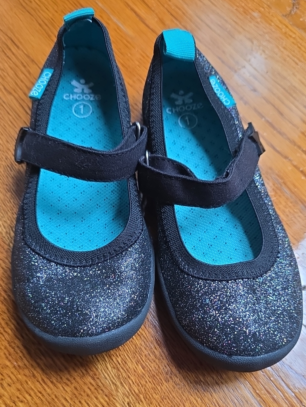 Chooze Black Glitter Mary Jane Shoes with Teal Insole